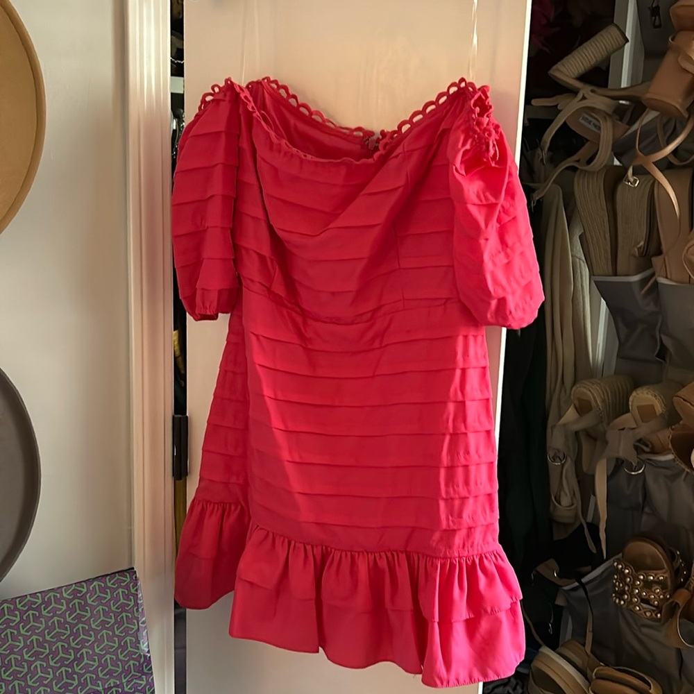 Pink off the shoulder poof sleeve mini dress